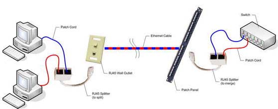 Category 5e 10/100 Base T Splitter Adapters convert one RJ45 4-pair Jack into 2-pair Jacks